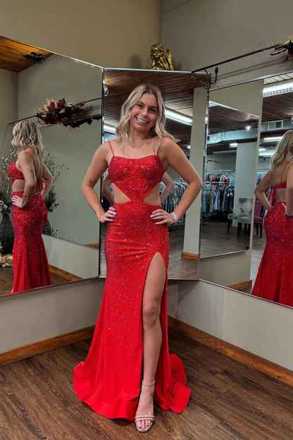 Sparkly Red Spaghetti Straps Cut-out Mermaid Long Prom Dress with Beading