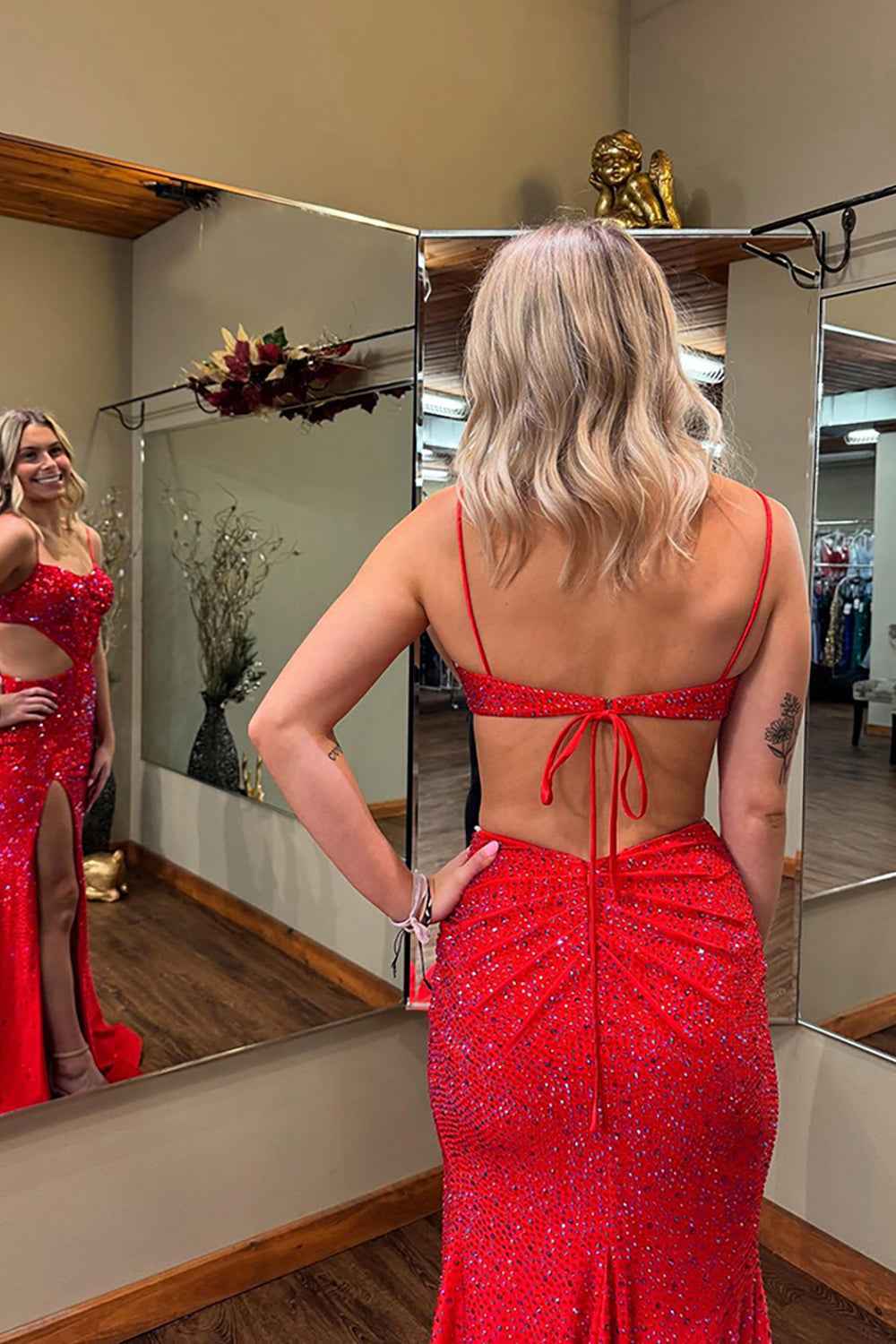 Sparkly Red Spaghetti Straps Cut-out Mermaid Long Prom Dress with Beading