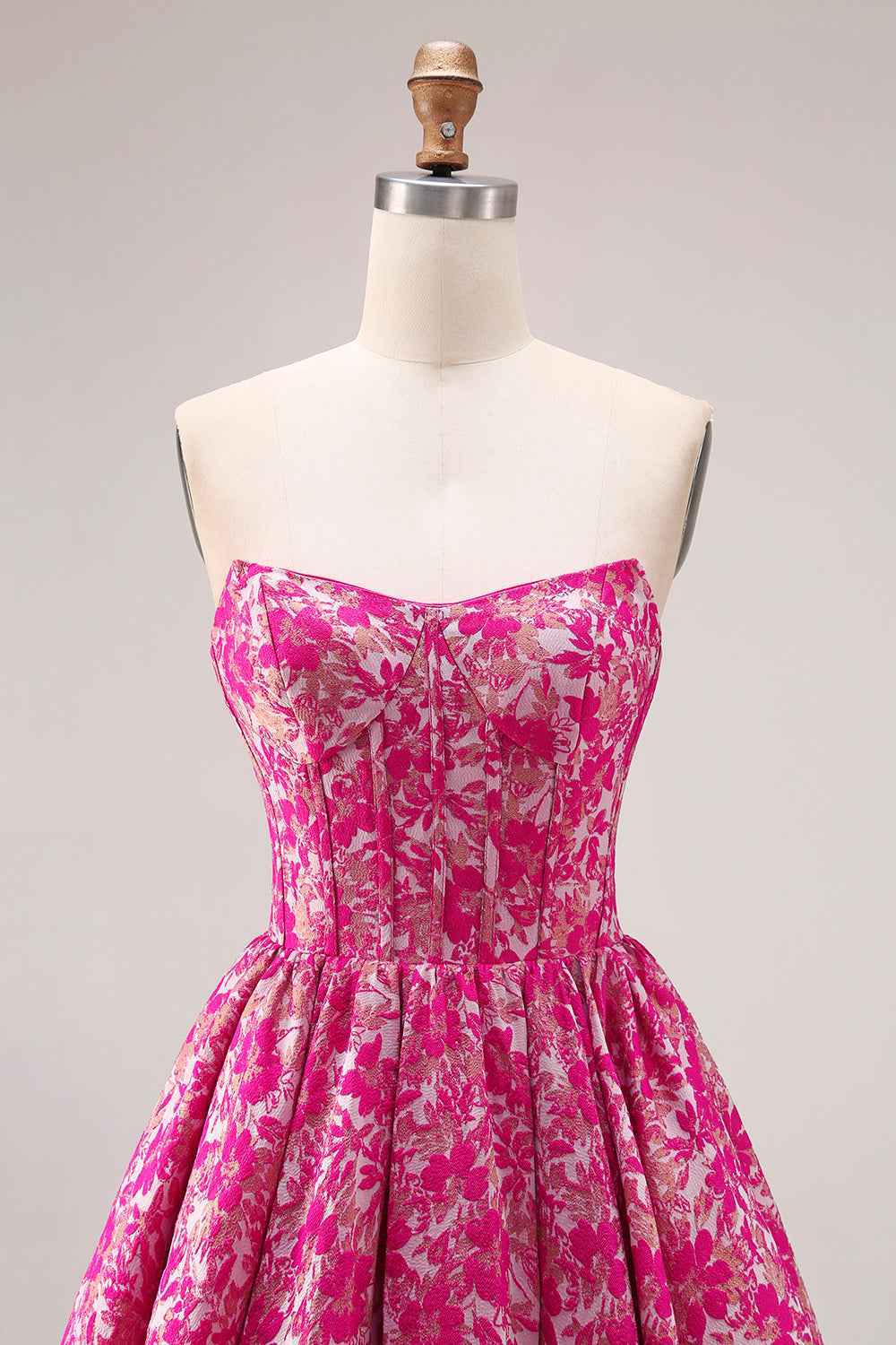 Fuchsia Floral Ball Gown Strapless Long Corset Prom Dress