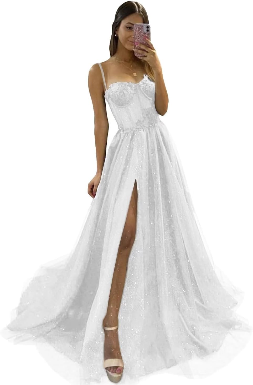 Glitter Tulle Prom Dresses Long 2025 Spaghetti Straps Sweetheart 3D Flowers Evening Party Gowns with Slit-BMbridal.UK