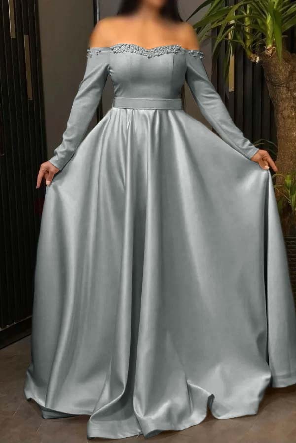 Off the Shoulder Long Sleeves Long Prom Dress With Pleated Beading