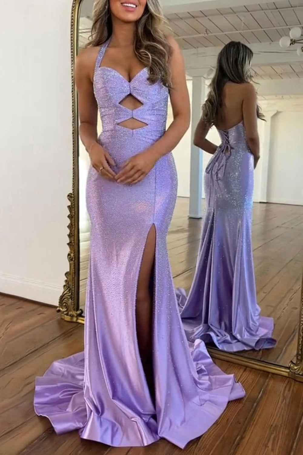 Sparkly Peacock Green Mermaid Satin Keyhole Long Beaded Prom Dress with Slit