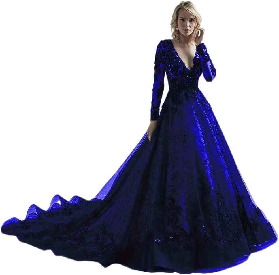 Black Wedding Dresses for Bride Long Sleeve Bridal Gowns V Neck Lace Appliques Wedding Gowns with Train-BMbridal.UK