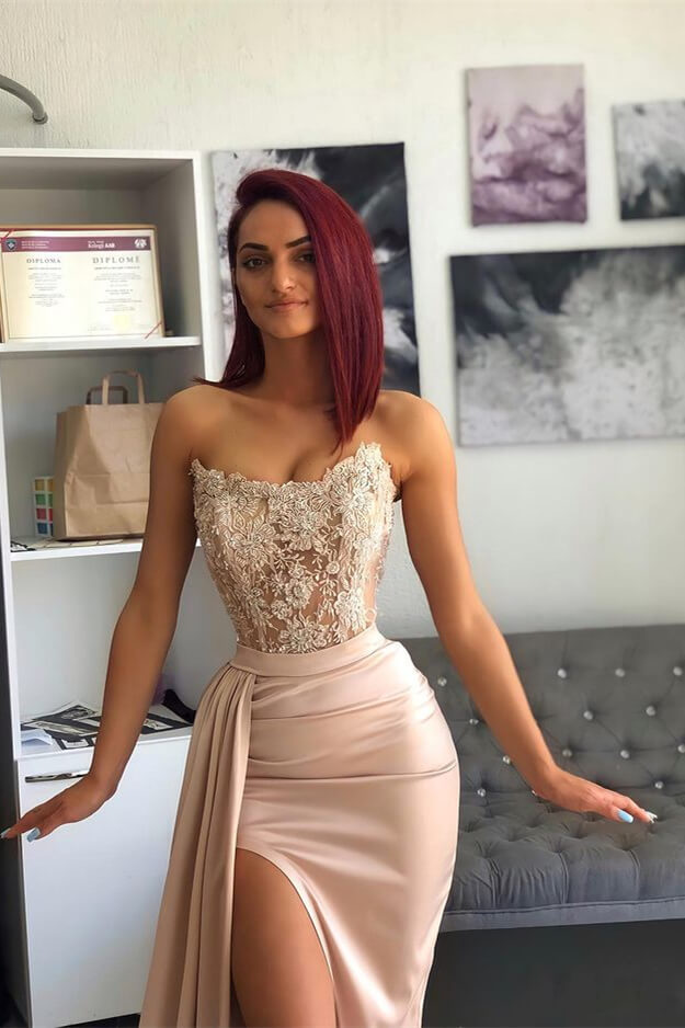 Amazing Strapless Sleeveless Mermaid Split Prom Dress With Appliques Ruffles