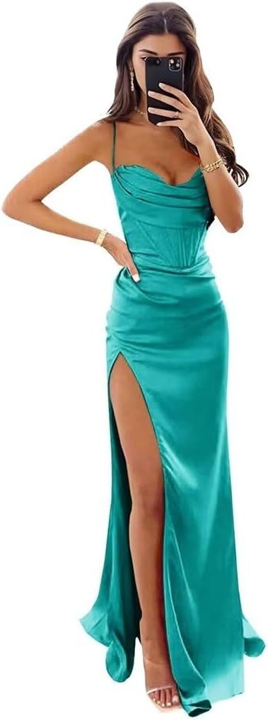 Satin Prom Dresses for Women Long 2025 Spaghetti Straps Mermaid Formal Evening Party Gown with Slit-BMbridal.UK