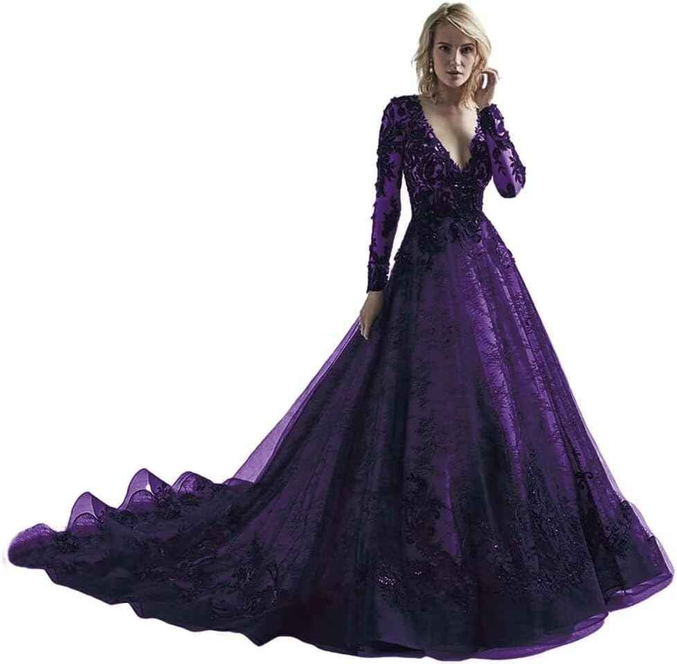 Black Wedding Dresses for Bride Long Sleeve Bridal Gowns V Neck Lace Appliques Wedding Gowns with Train-BMbridal.UK