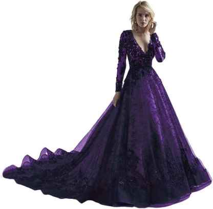 Black Wedding Dresses for Bride Long Sleeve Bridal Gowns V Neck Lace Appliques Wedding Gowns with Train-BMbridal.UK