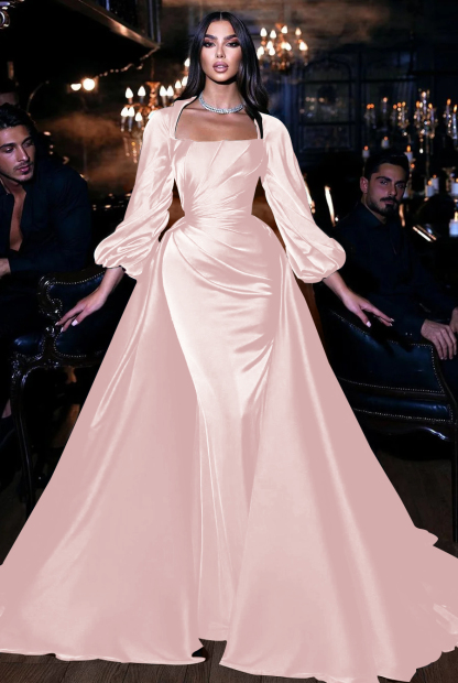 Square Emerald Long Sleeves Pleated Long Mermaid Prom Dress With Ruffles