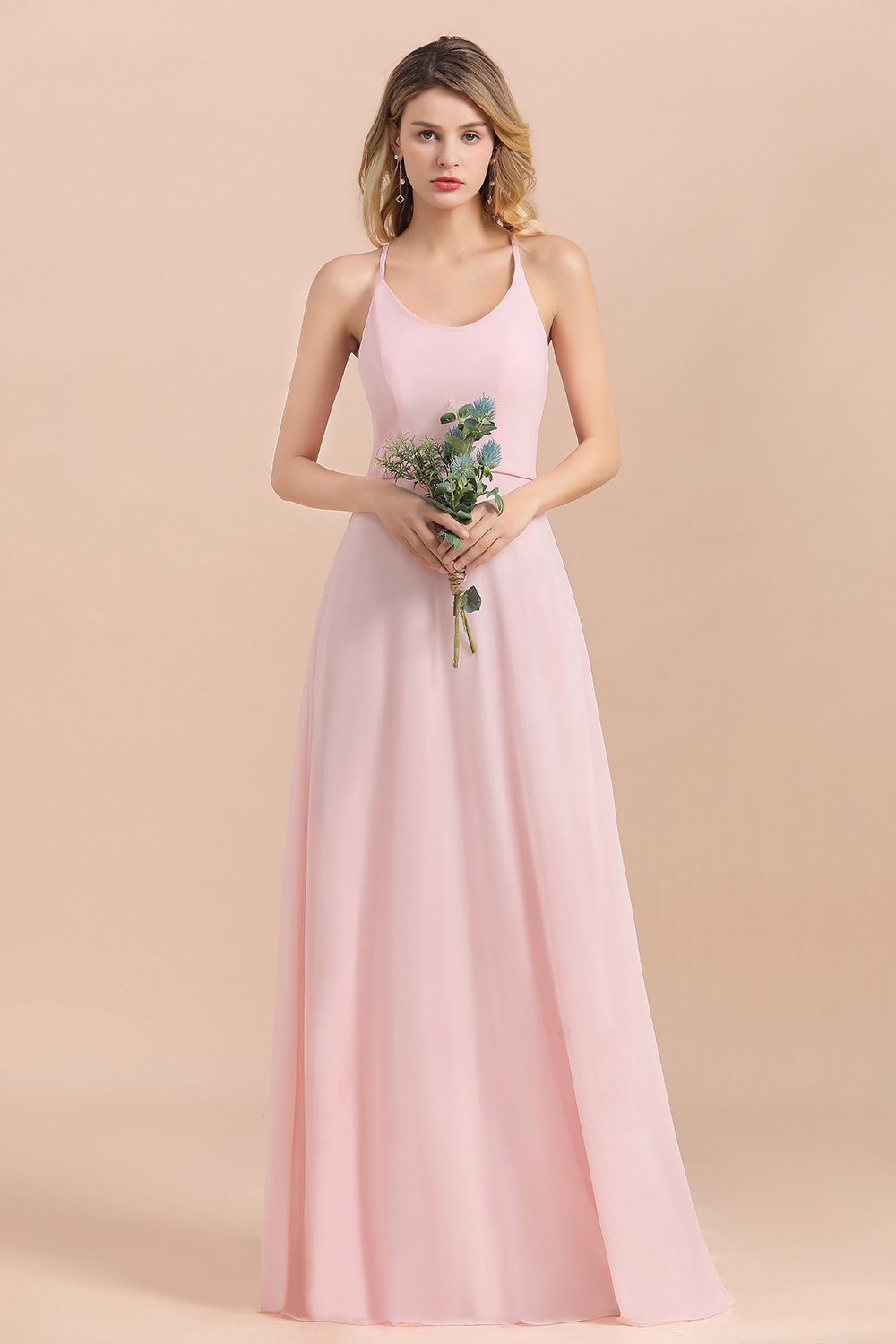 BMbridal Chic Spaghetti Straps Chiffon Pink Bridesmaid Dresses with Crisscross Back-BMbridal