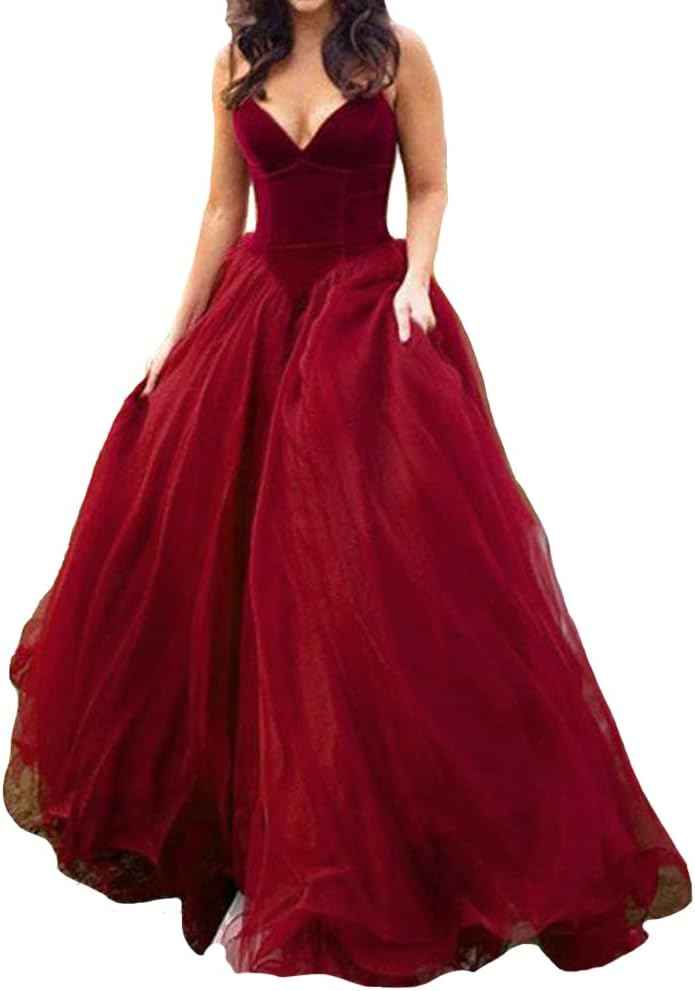 V Neck Velvet and Tulle Long Ball Gown Corset Formal Evening Prom Dresses-BMbridal.UK