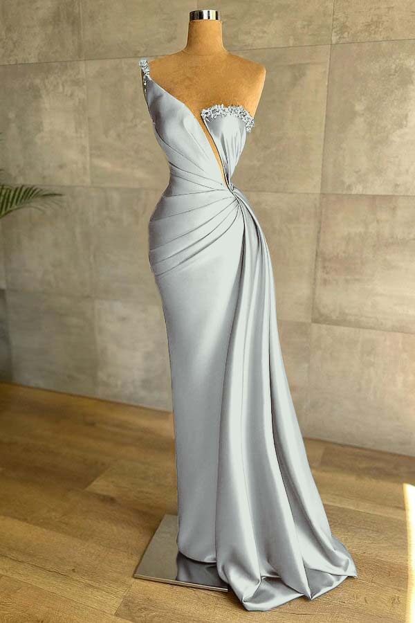 One Shoulder Sleeveless Mermaid Split Long Prom Dress With Beading