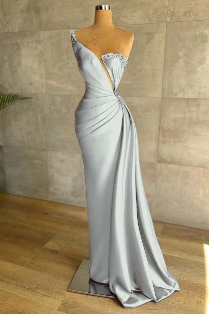 One Shoulder Sleeveless Mermaid Split Long Prom Dress With Beading