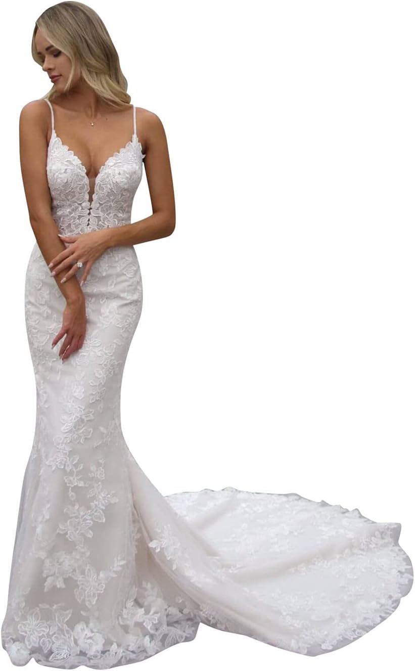 Women's Beach Spaghetti Strap Wedding Dresses for Bride 2025 Boho Long Lace Bridal Gowns for Wedding-BMbridal.UK