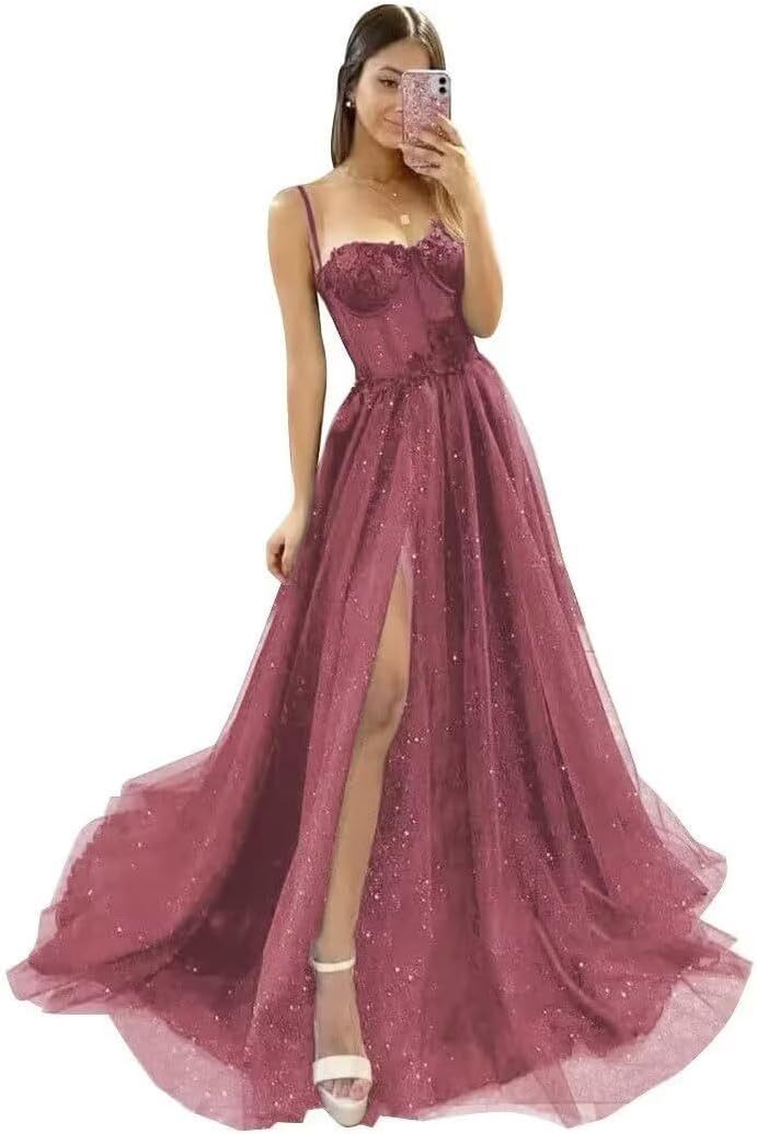 Glitter Tulle Prom Dresses Long 2025 Spaghetti Straps Sweetheart 3D Flowers Evening Party Gowns with Slit-BMbridal.UK