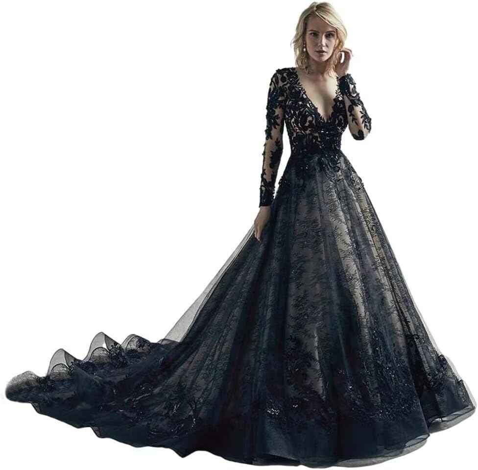 Black Wedding Dresses for Bride Long Sleeve Bridal Gowns V Neck Lace Appliques Wedding Gowns with Train-BMbridal.UK