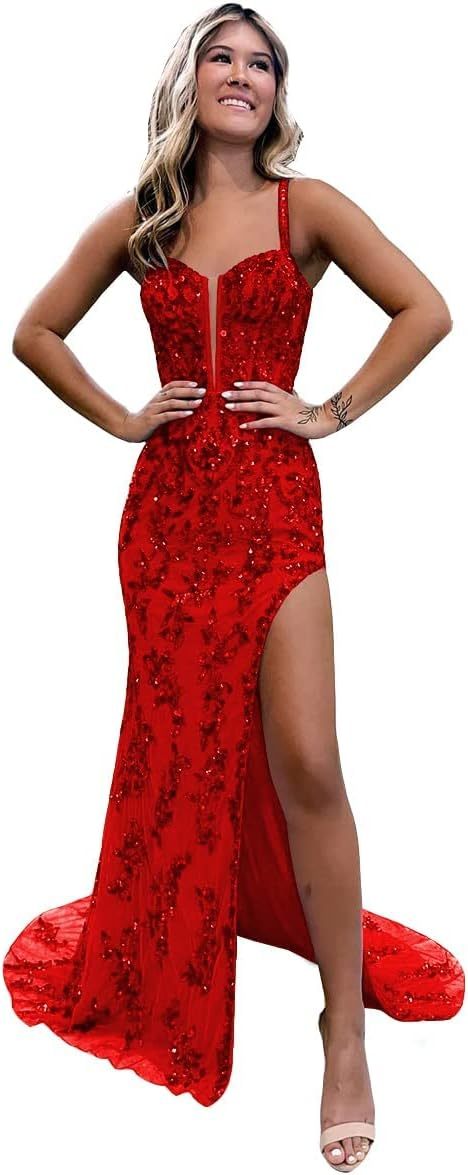 Women's Sweetheart Long Prom Dresses with Slit Tulle Mermaid Formal Evening Gowns with Lace Applique-BMbridal