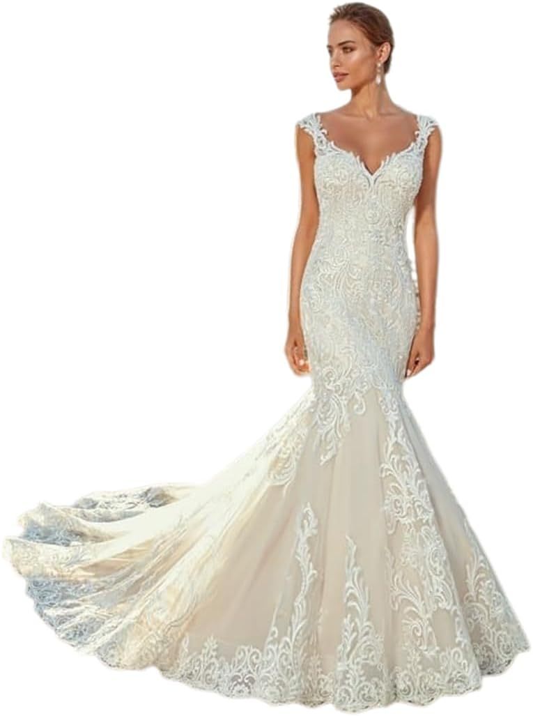 Loyeloy Women's Wedding Dresses for Bride 2025 Sexy V Neck Slit Lace Bridal Wedding Gowns for Bride YJ010-BMbridal.UK