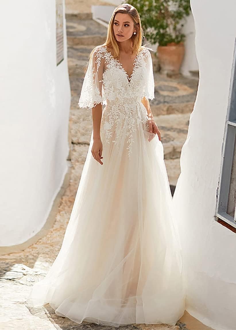 Women's Beach Spaghetti Strap Wedding Dresses for Bride 2025 Boho Long Lace Bridal Gowns for Wedding-BMbridal.UK