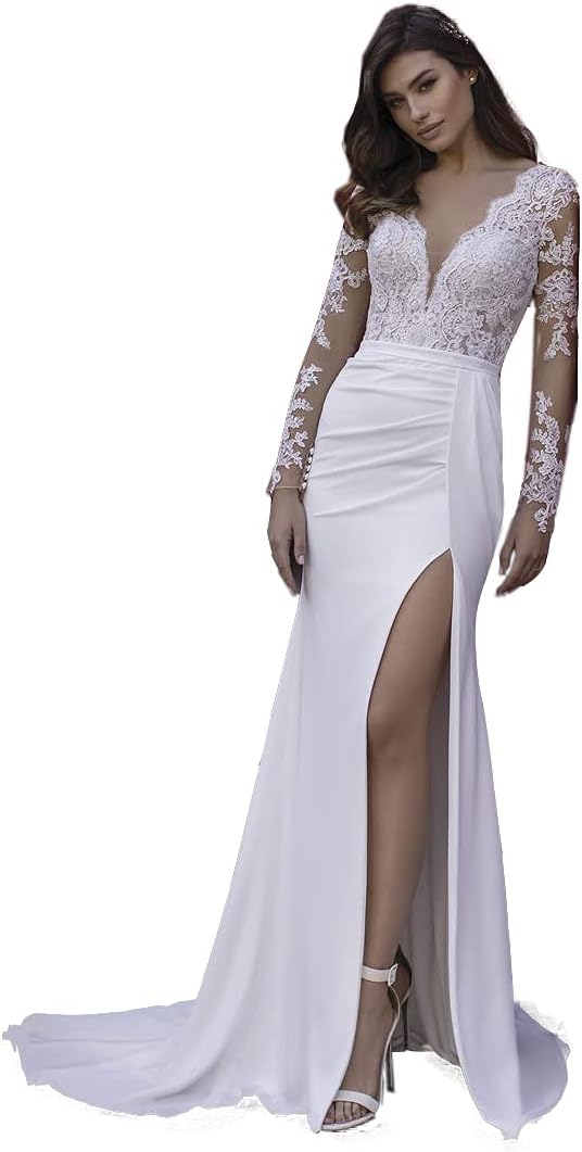 Loyeloy Women's Wedding Dresses for Bride 2025 Sexy V Neck Slit Lace Bridal Wedding Gowns for Bride YJ010-BMbridal.UK
