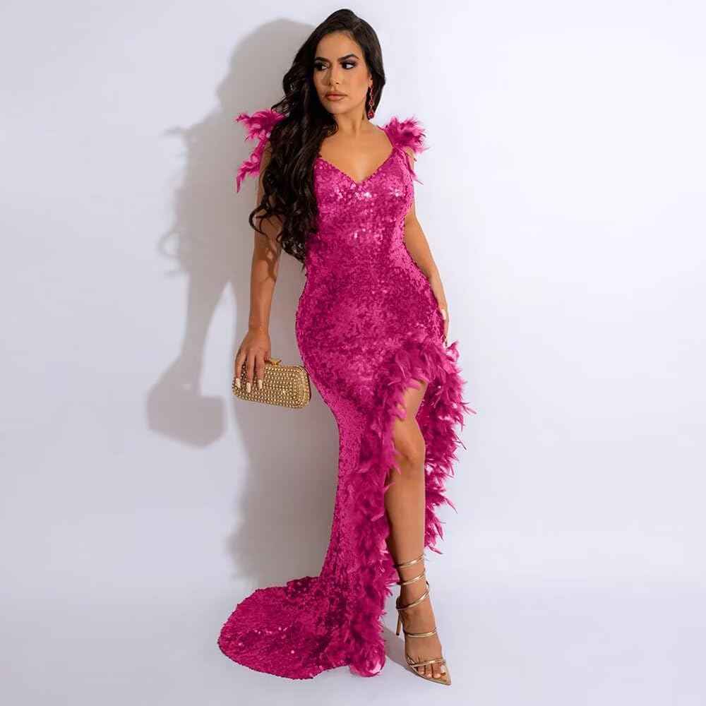 Women's Sexy Sequin Feather Prom Dresses 2025 High Slit Deep V Neck Evening Formal Masquerade Ball Gown Maxi Dress-BMbridal.UK