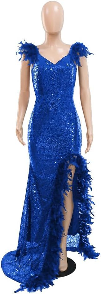 Women's Sexy Sequin Feather Prom Dresses 2025 High Slit Deep V Neck Evening Formal Masquerade Ball Gown Maxi Dress-BMbridal.UK