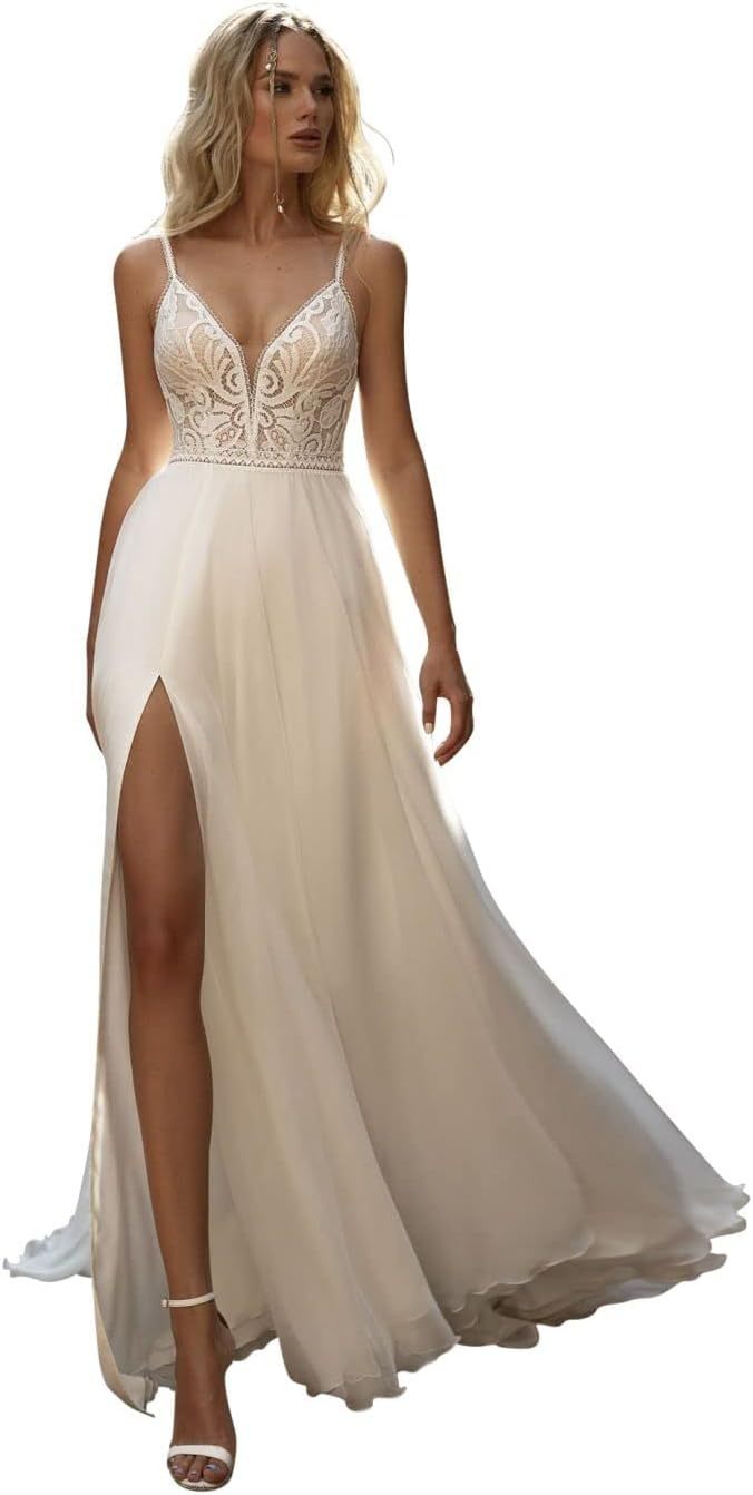 Women's Beach Spaghetti Strap Wedding Dresses for Bride 2025 Boho Long Lace Bridal Gowns for Wedding-BMbridal.UK