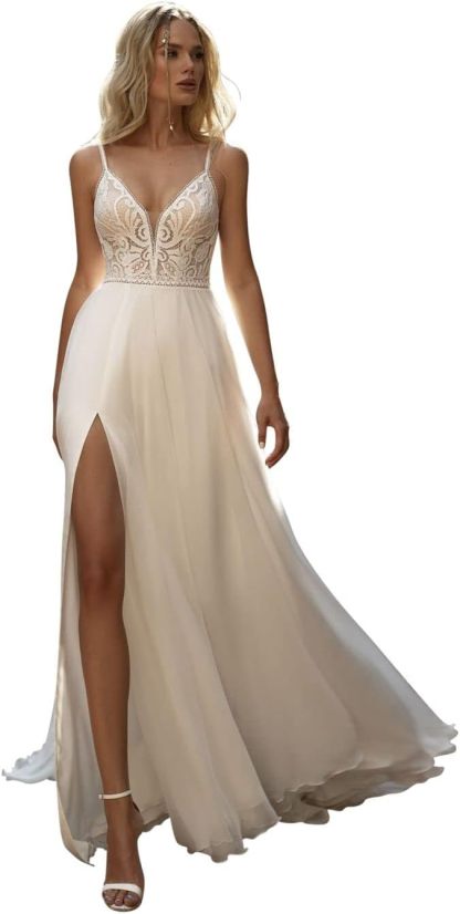 Women's Beach Spaghetti Strap Wedding Dresses for Bride 2025 Boho Long Lace Bridal Gowns for Wedding-BMbridal.UK