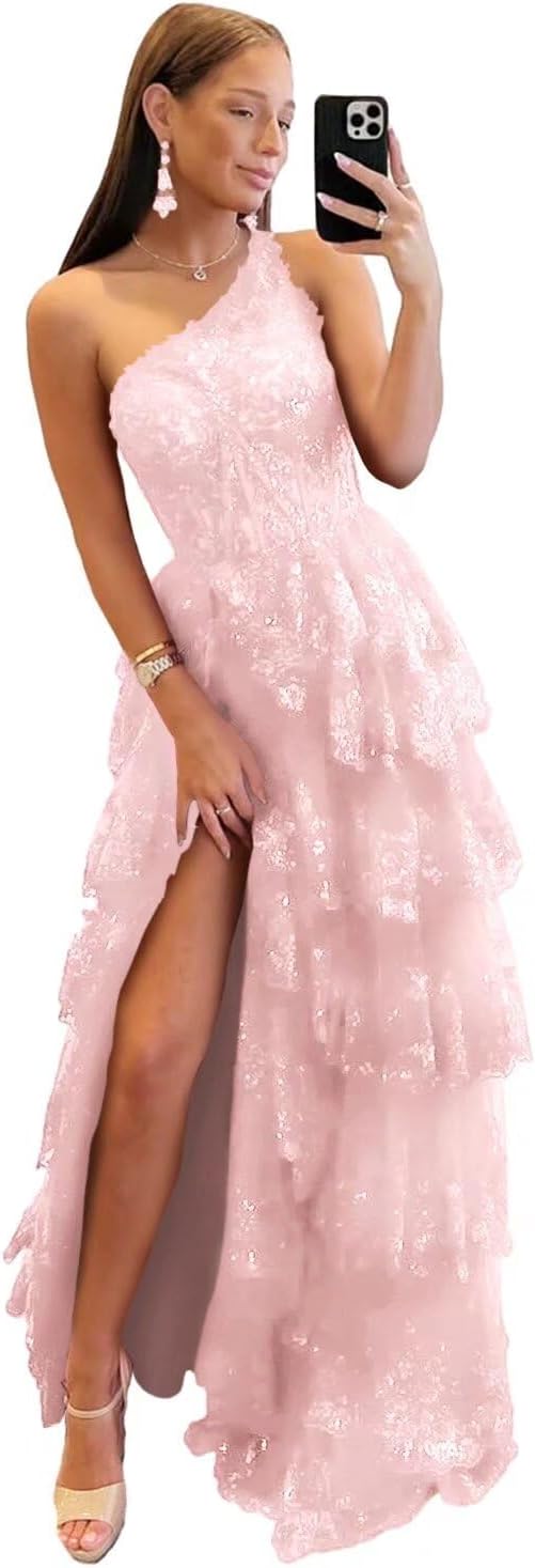 One Shoulder Lace Tulle Tiered Prom Dress Sparkly Sequined Applique Long Maxi Formal Evening Party Gowns 2025-BMbridal.UK