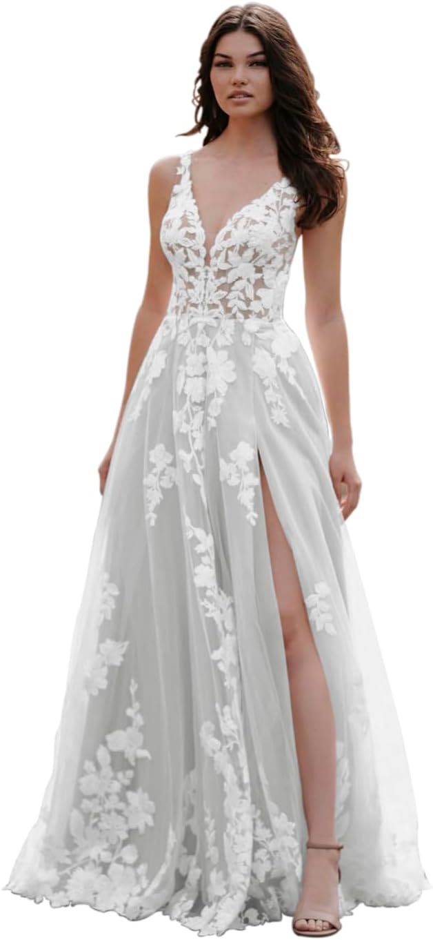 Loyeloy Women's Wedding Dresses for Bride 2025 Sexy V Neck Slit Lace Bridal Wedding Gowns for Bride YJ010-BMbridal.UK