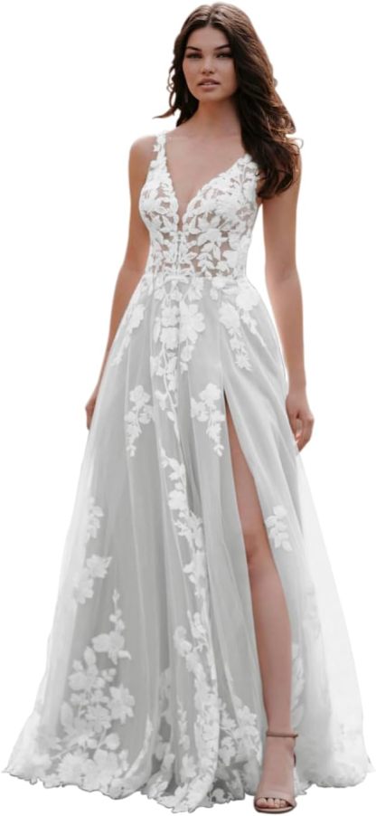 Loyeloy Women's Wedding Dresses for Bride 2025 Sexy V Neck Slit Lace Bridal Wedding Gowns for Bride YJ010-BMbridal.UK