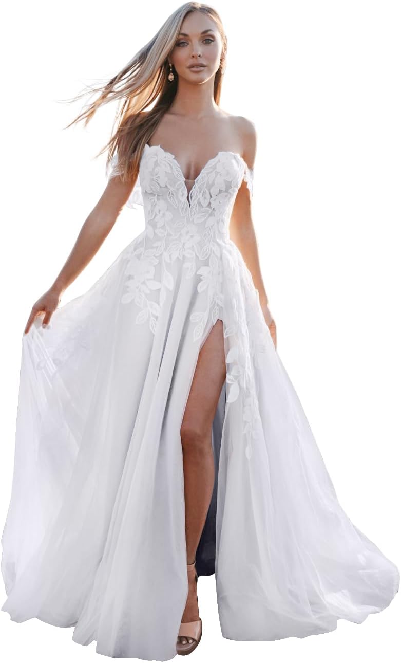 Loyeloy Women's Wedding Dresses for Bride 2025 Sexy V Neck Slit Lace Bridal Wedding Gowns for Bride YJ010-BMbridal.UK