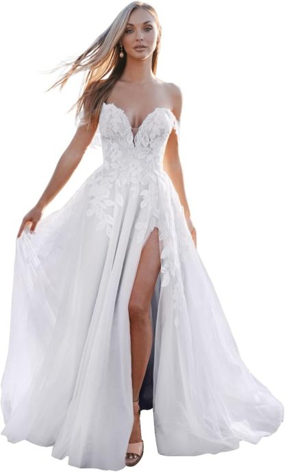 Loyeloy Women's Wedding Dresses for Bride 2025 Sexy V Neck Slit Lace Bridal Wedding Gowns for Bride YJ010-BMbridal.UK