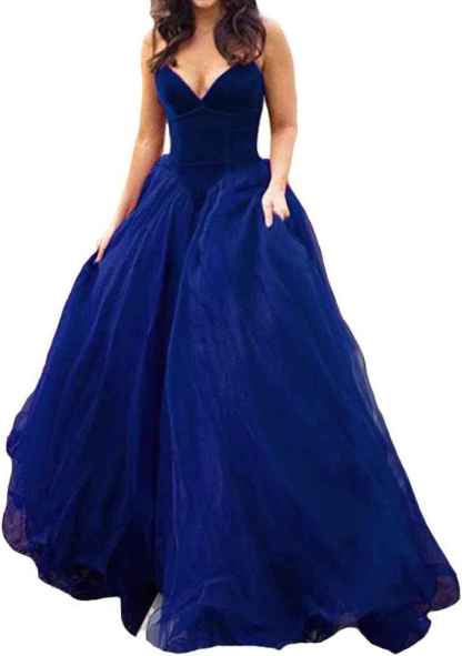 V Neck Velvet and Tulle Long Ball Gown Corset Formal Evening Prom Dresses-BMbridal.UK