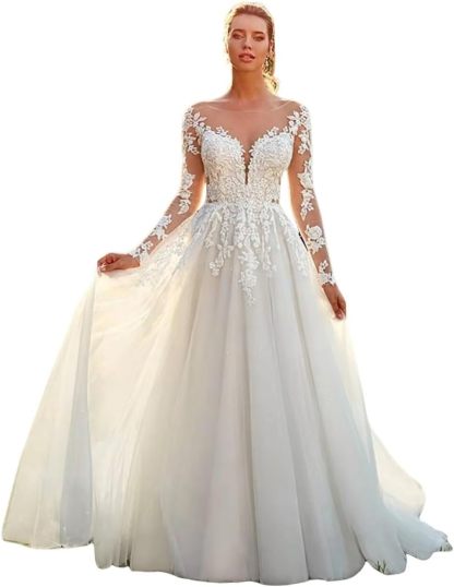 Women's Beach Spaghetti Strap Wedding Dresses for Bride 2025 Boho Long Lace Bridal Gowns for Wedding-BMbridal.UK