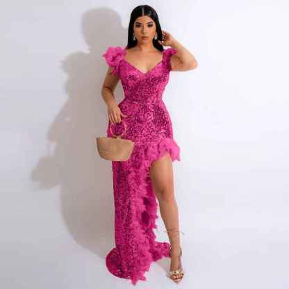 Women's Sexy Sequin Feather Prom Dresses 2025 High Slit Deep V Neck Evening Formal Masquerade Ball Gown Maxi Dress-BMbridal.UK
