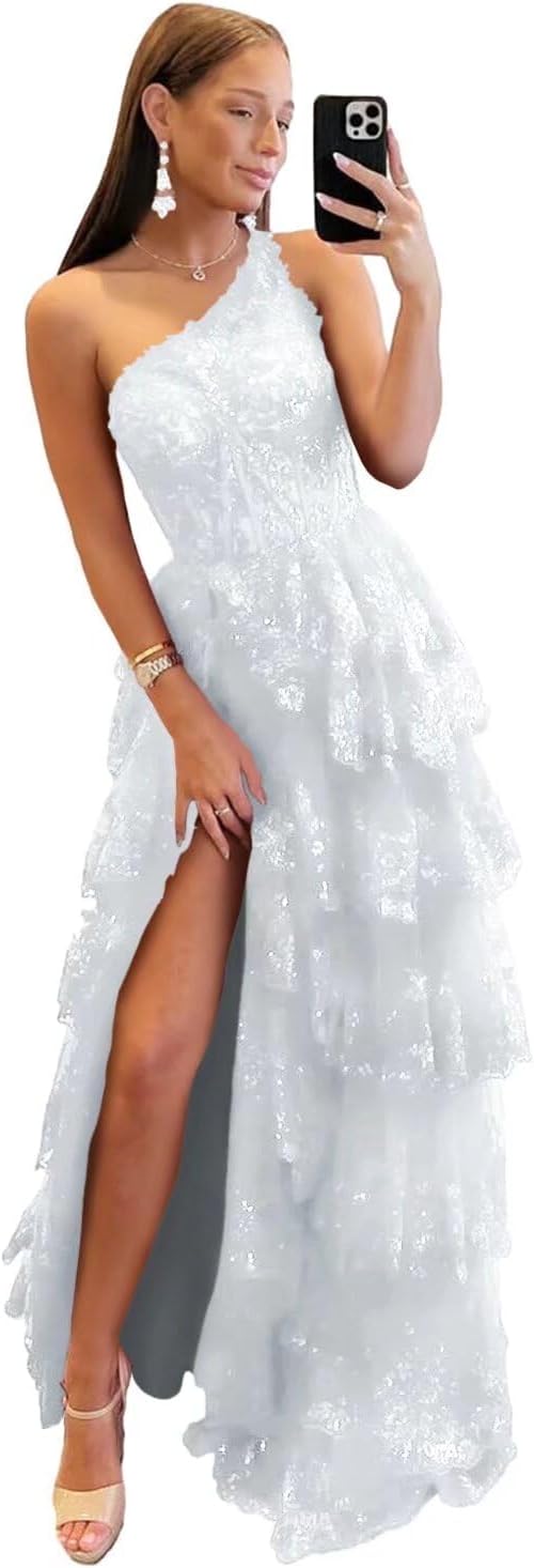 One Shoulder Lace Tulle Tiered Prom Dress Sparkly Sequined Applique Long Maxi Formal Evening Party Gowns 2025-BMbridal.UK
