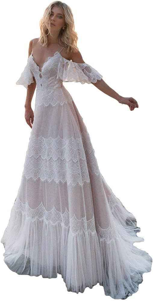 Women's Wedding Dresses Chic Lace Evening Dresses V Neck Ruffle Sleeves Beachy Boho Outdoorsy Wedding Gowns-BMbridal.UK