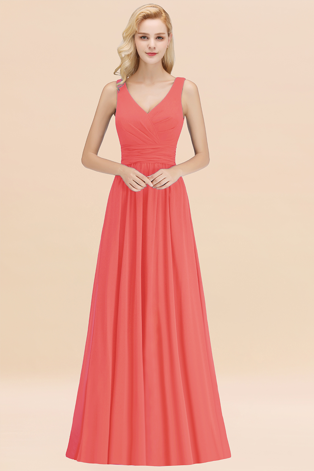 BMbridal Modest Sleeveless V-Neck Long Chiffon Bridesmaid Dress Online with Ruffle-BMbridal