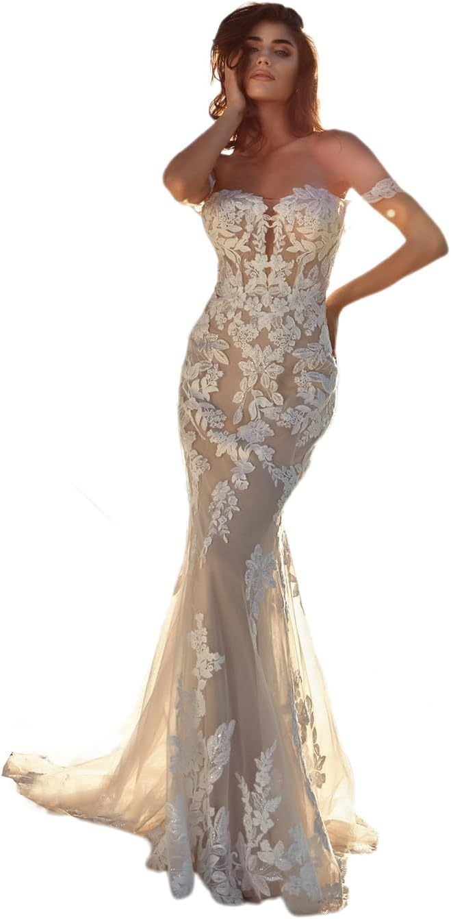 Women's Beach Spaghetti Strap Wedding Dresses for Bride 2025 Boho Long Lace Bridal Gowns for Wedding-BMbridal.UK