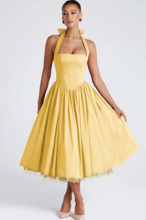 Halter Sleeveless Long A Line Prom Dress With Pleated Tulle