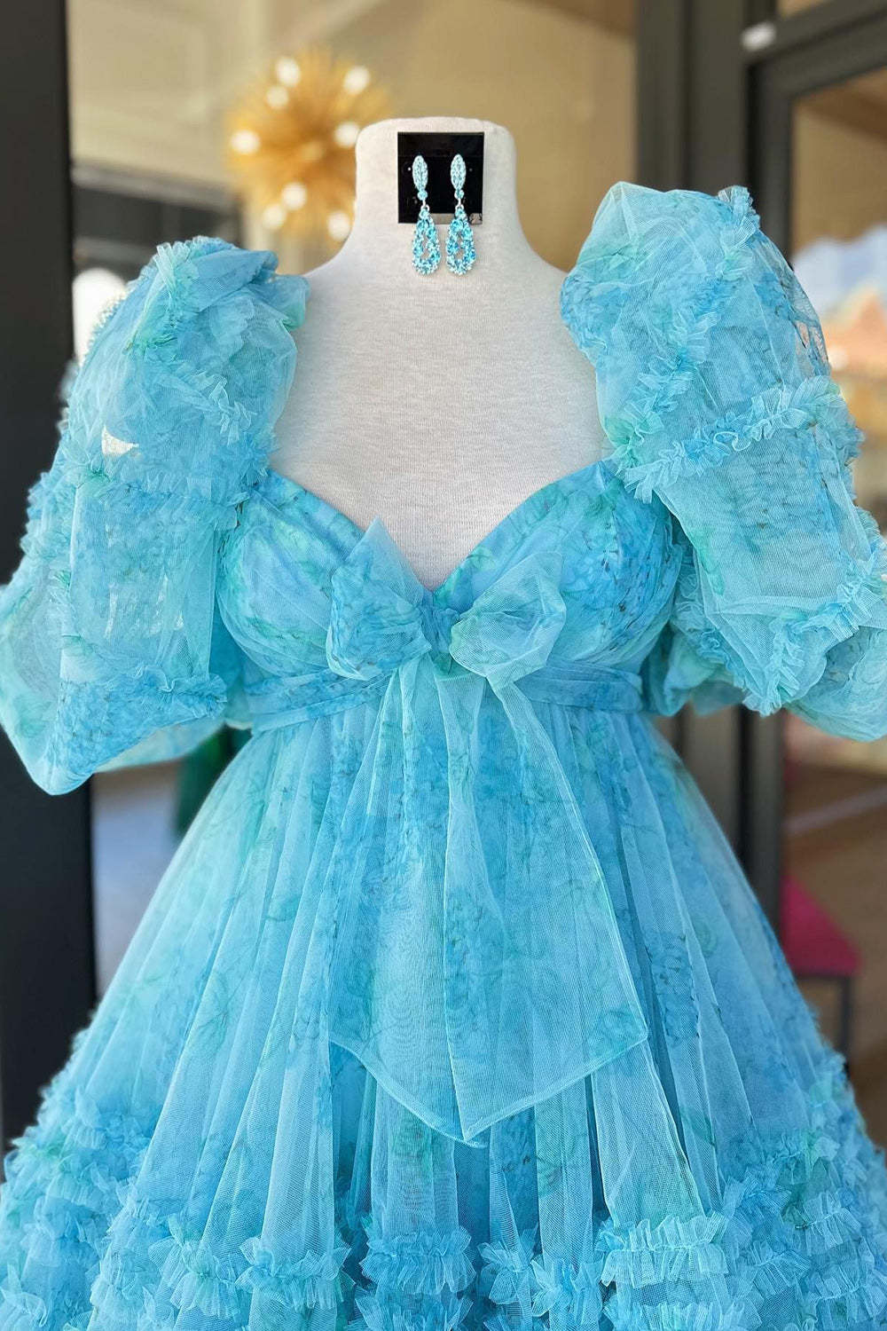 Dark Blue Puff Sleeves A-Line Floral Short Homecoming Dress with Ruffles