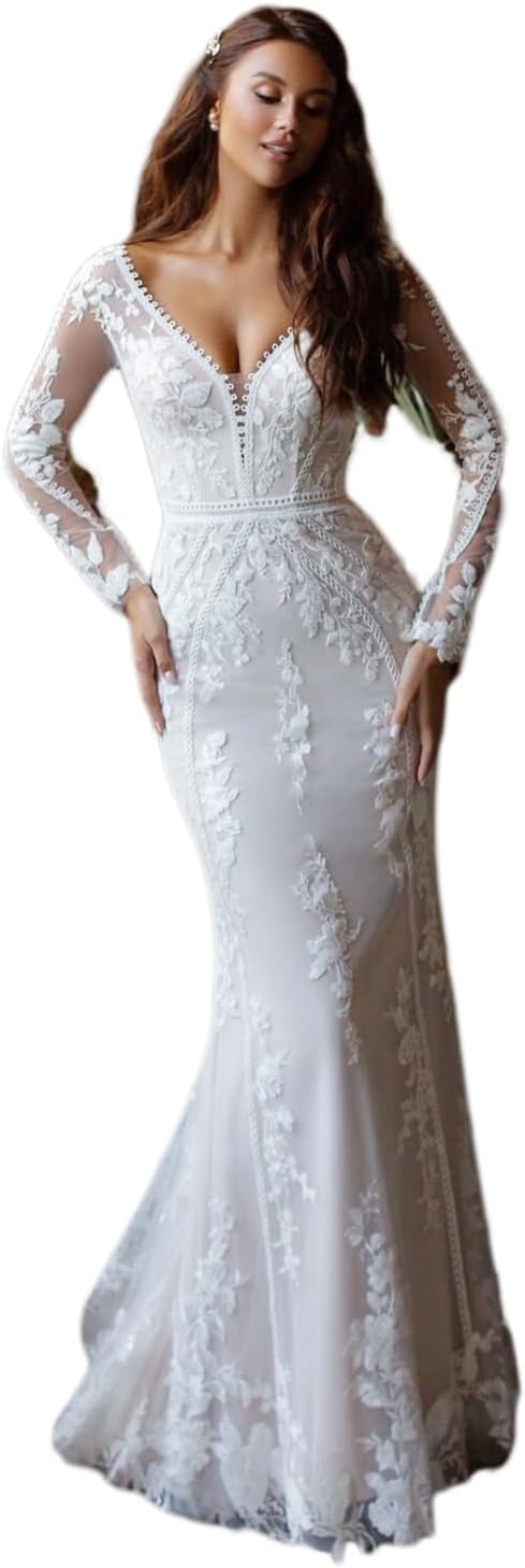 Loyeloy Women's Wedding Dresses for Bride 2025 Sexy V Neck Slit Lace Bridal Wedding Gowns for Bride YJ010-BMbridal.UK