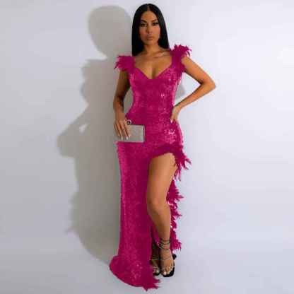 Women's Sexy Sequin Feather Prom Dresses 2025 High Slit Deep V Neck Evening Formal Masquerade Ball Gown Maxi Dress-BMbridal.UK