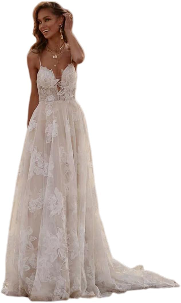 Women's Beach Spaghetti Strap Wedding Dresses for Bride 2025 Boho Long Lace Bridal Gowns for Wedding-BMbridal.UK