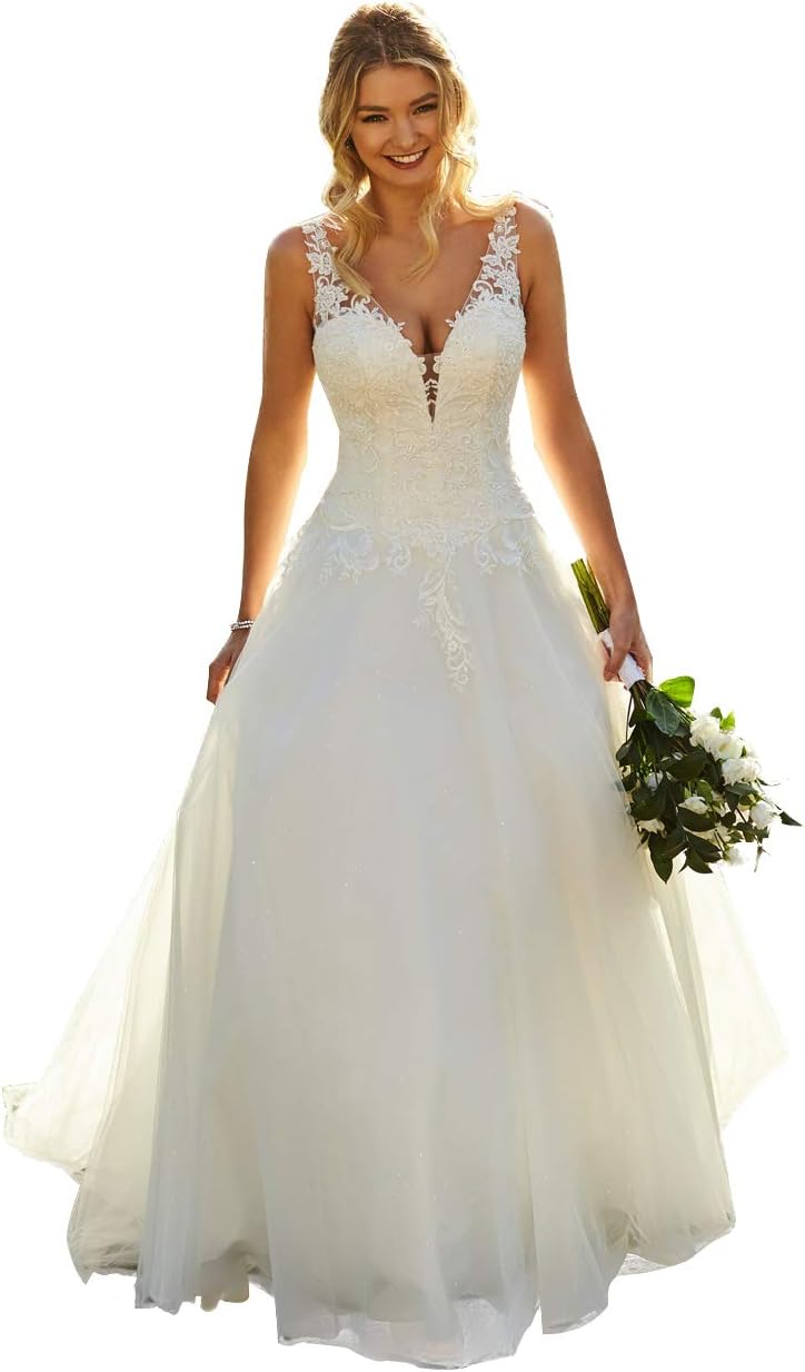 Women's Beach Spaghetti Strap Wedding Dresses for Bride 2025 Boho Long Lace Bridal Gowns for Wedding-BMbridal.UK