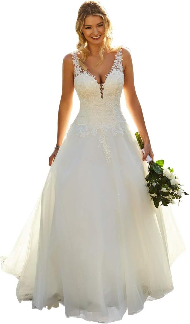 Women's Beach Spaghetti Strap Wedding Dresses for Bride 2025 Boho Long Lace Bridal Gowns for Wedding-BMbridal.UK