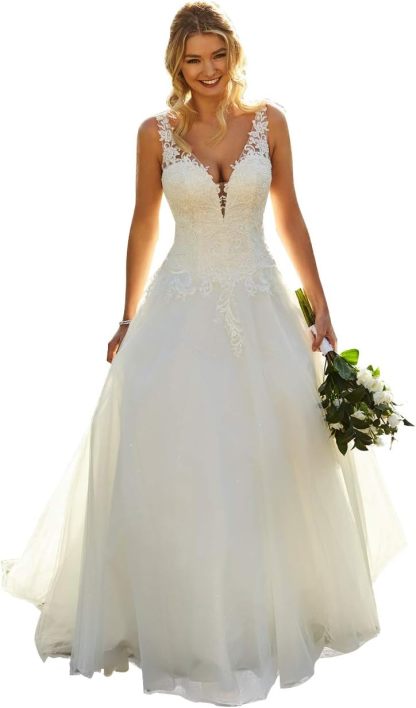 Women's Beach Spaghetti Strap Wedding Dresses for Bride 2025 Boho Long Lace Bridal Gowns for Wedding-BMbridal.UK