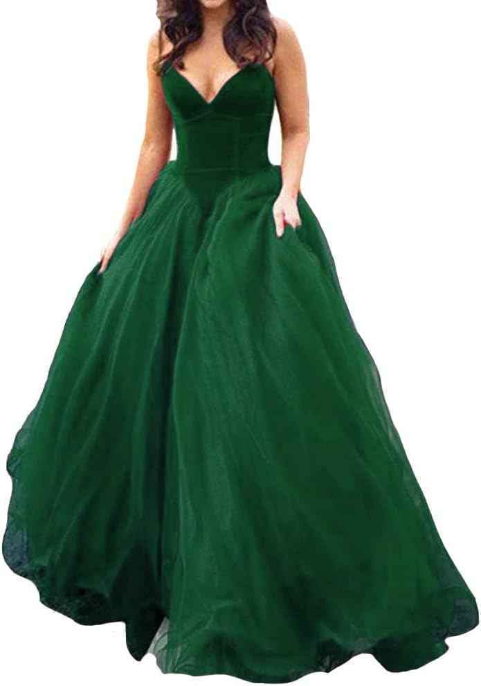 V Neck Velvet and Tulle Long Ball Gown Corset Formal Evening Prom Dresses-BMbridal.UK