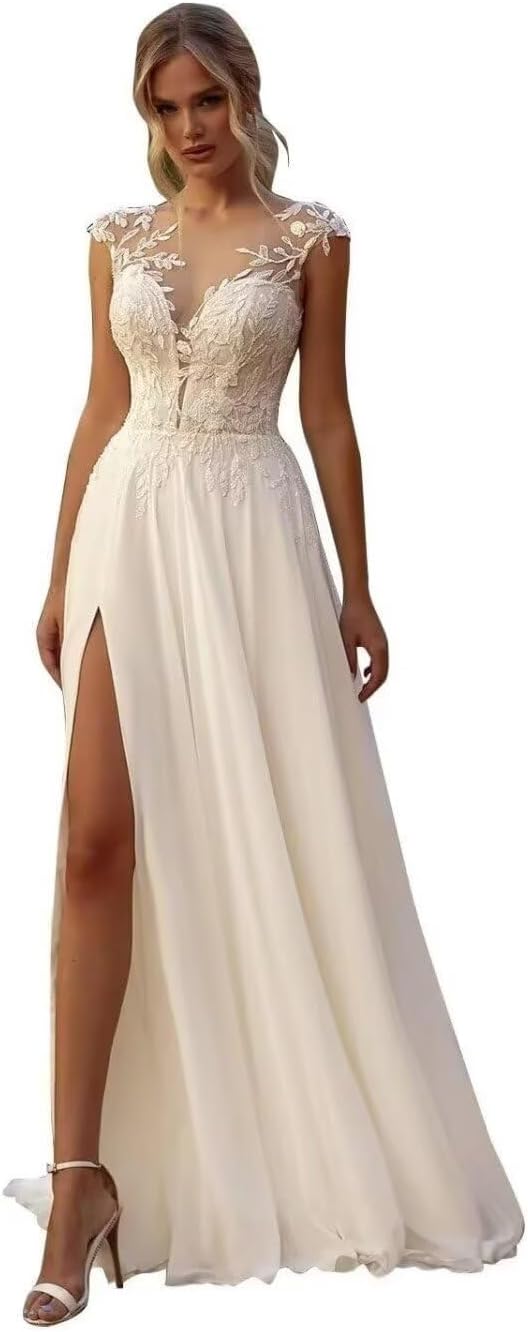 Women's Beach Spaghetti Strap Wedding Dresses for Bride 2025 Boho Long Lace Bridal Gowns for Wedding-BMbridal.UK