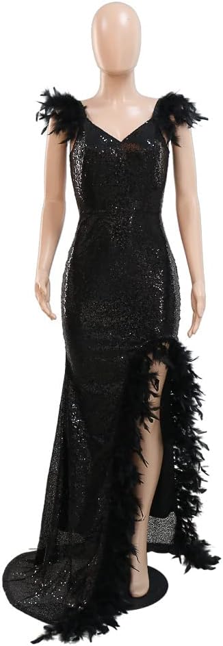 Women's Sexy Sequin Feather Prom Dresses 2025 High Slit Deep V Neck Evening Formal Masquerade Ball Gown Maxi Dress-BMbridal.UK